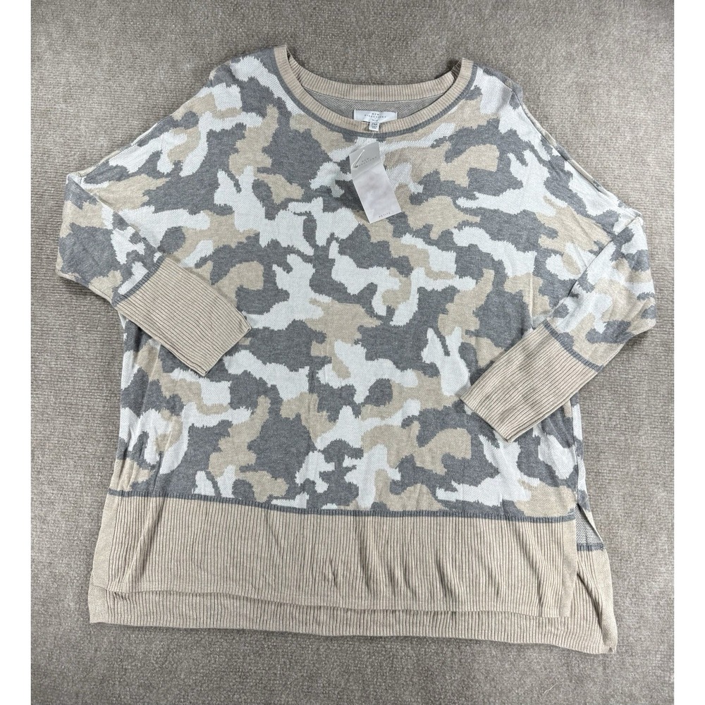 New Directions Petite PM Neutral Camo Sweater 100% Rayon‎ Rib Trim NWT